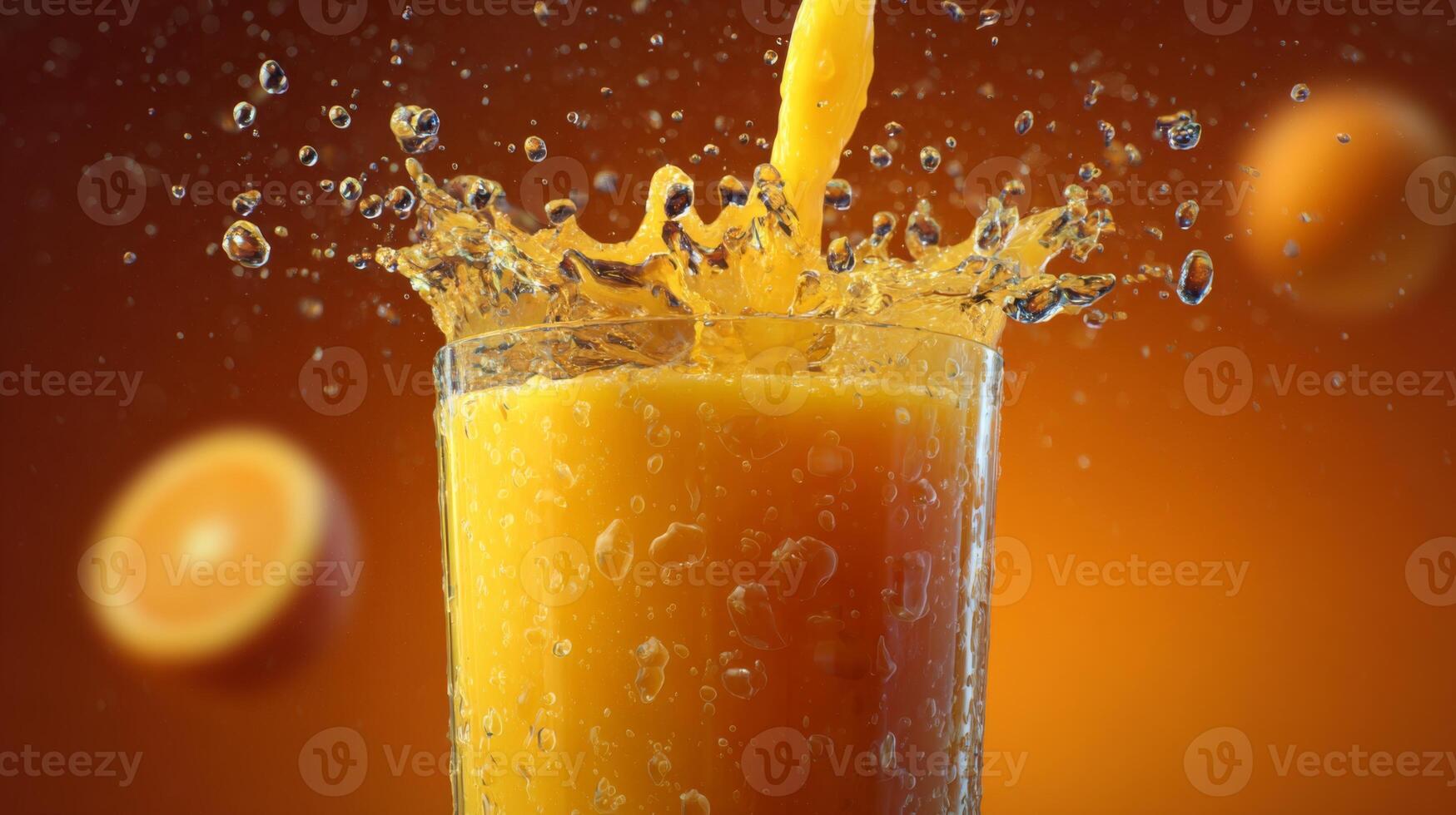 Fresh Orange Juice Splashing in Glass with Citrus Background and Bubbles, Vibrant and Invigorating Drink for Refreshment photo