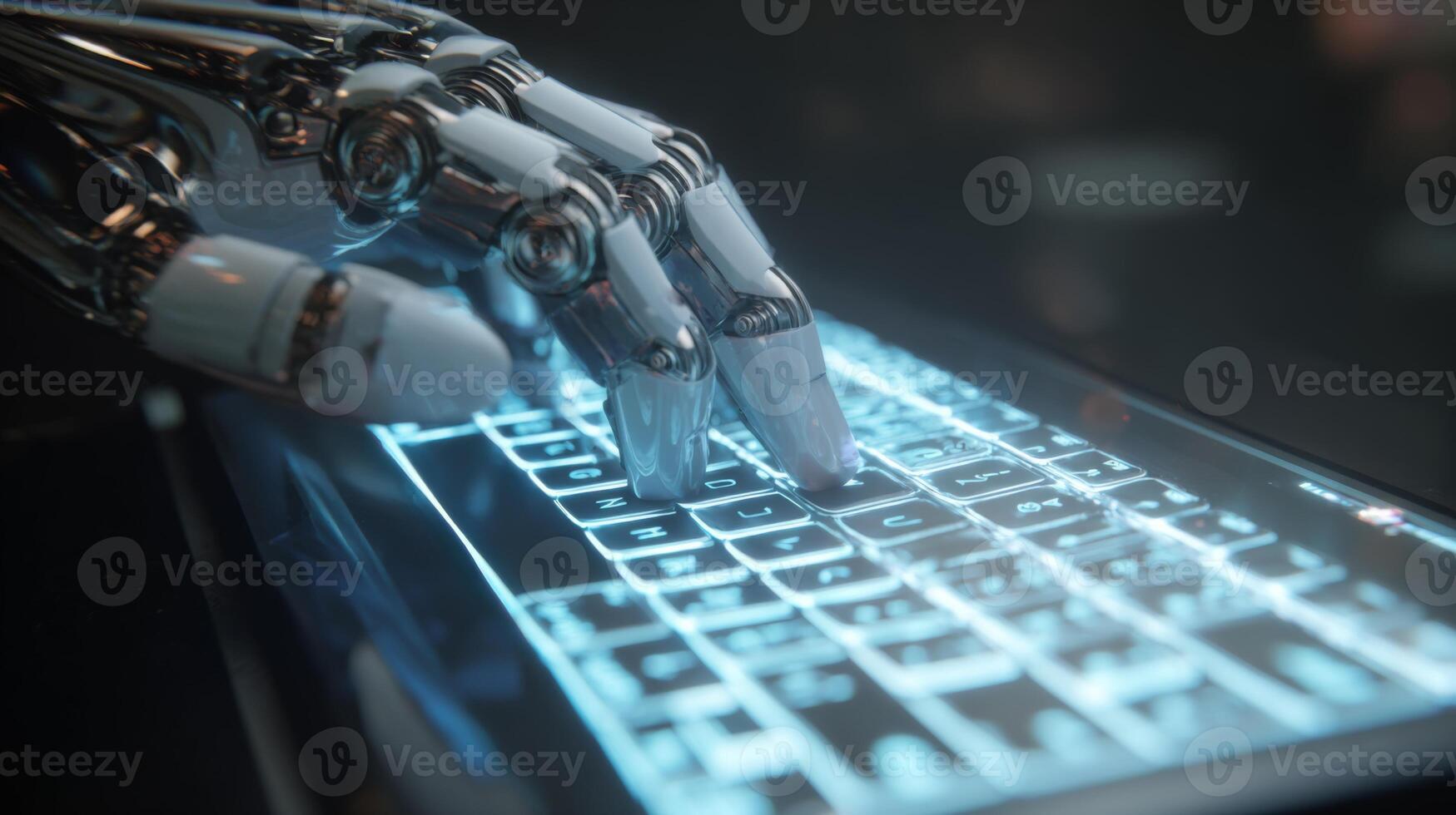 Futuristic robotic hand interacting with illuminated touchscreen keyboard in a modern digital environment photo