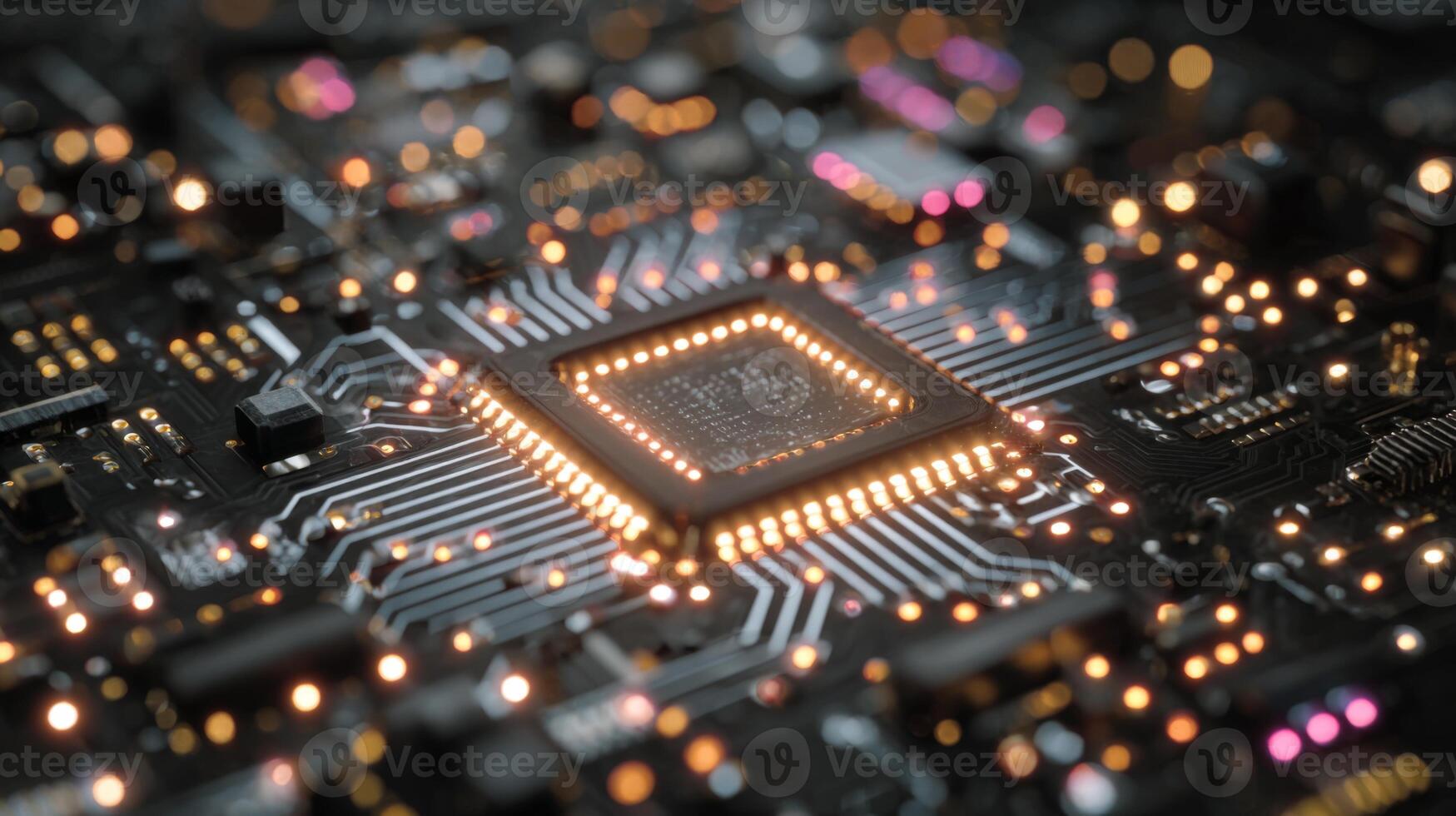 Close-Up View of a Circuit Board with Electronic Chip and Glowing Connections in a Modern Technology Environment photo