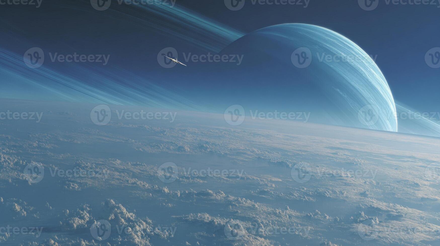 Stunning celestial landscape featuring vast clouds and a magnificent planet with rings set against a backdrop of deep space photo