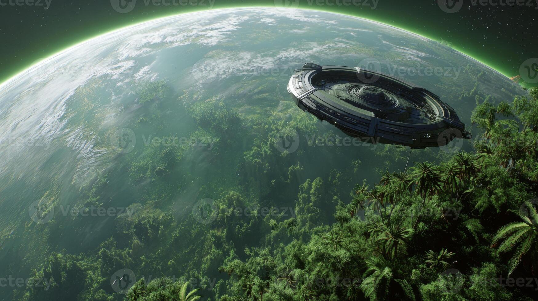 Futuristic spaceship above lush green planet with tropical vegetation and misty atmosphere at dawn in deep space exploration scene photo