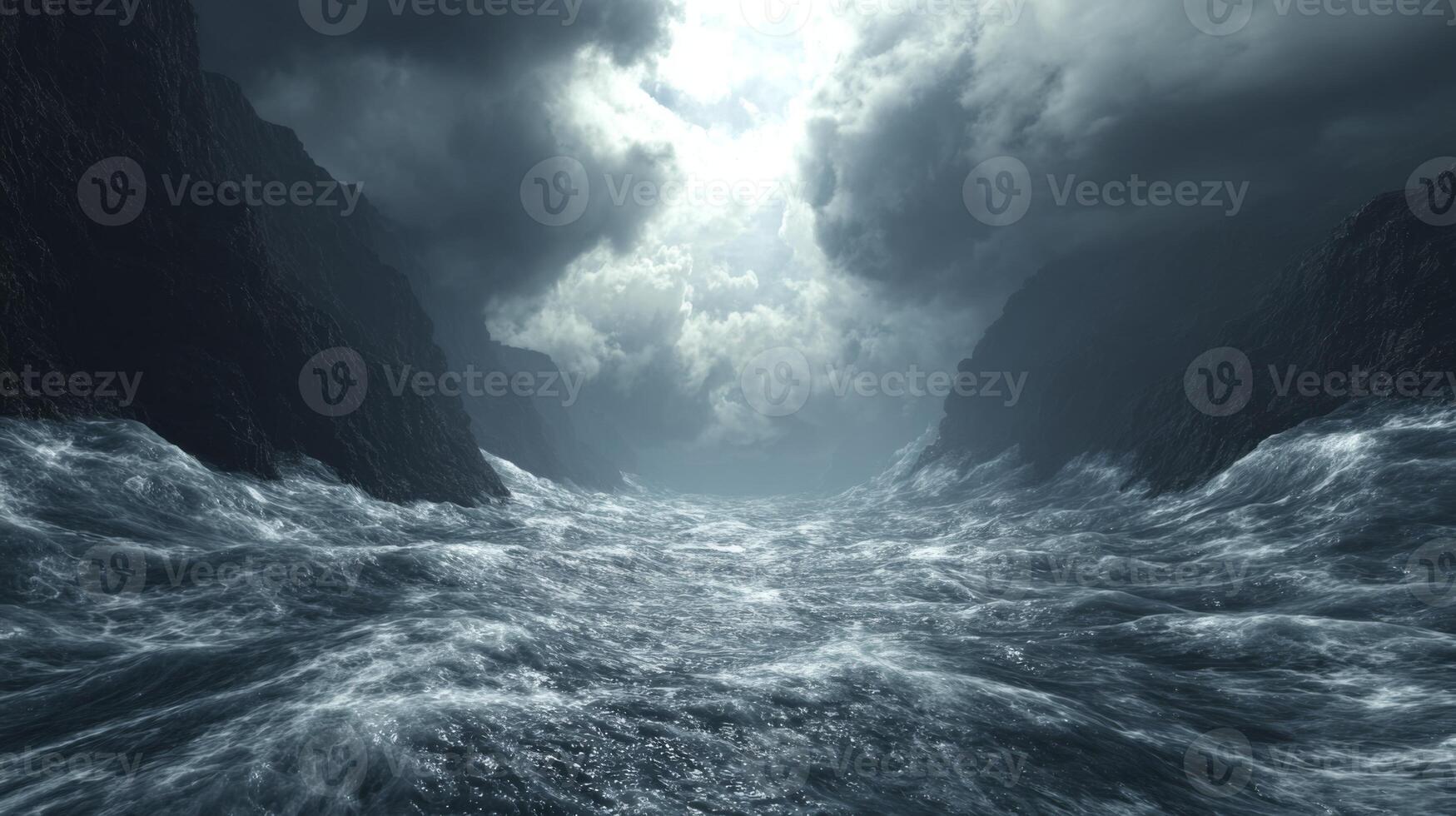 Dramatic Seascape with Turbulent Waters and Dark Clouds Illuminated by Sunlight Breaking Through photo