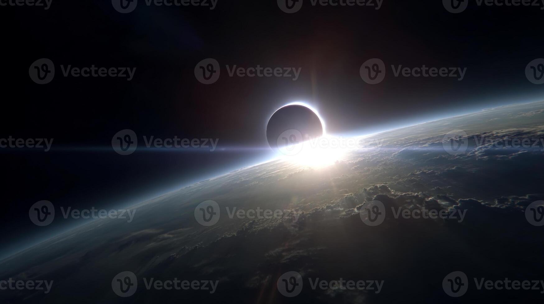 Breathtaking View of Solar Eclipse over Earth with Stunning Cloud Formation and Deep Space Background photo