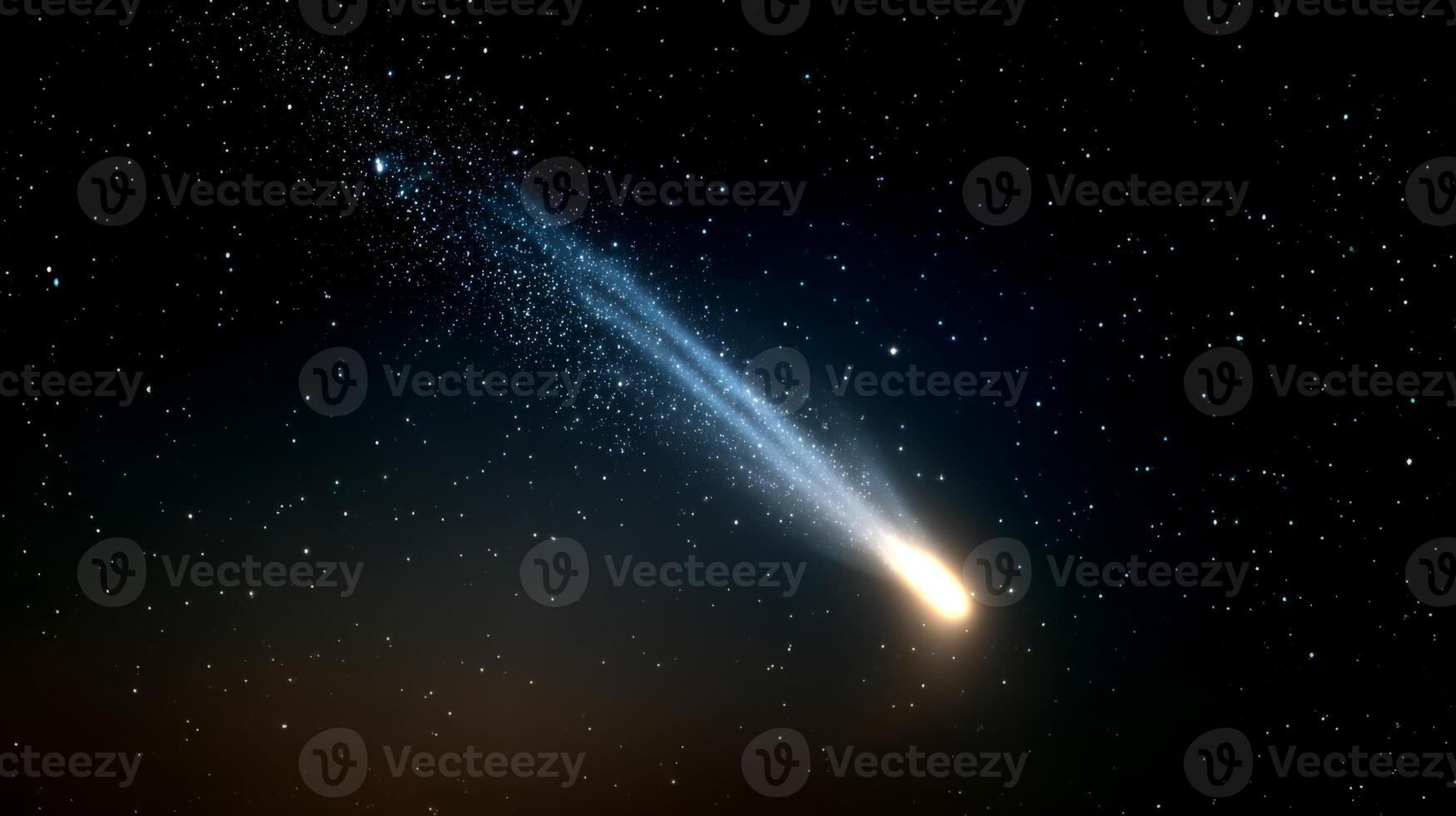 Stunning Comet Gliding Through Dark Starry Sky Creating Dazzling Trail of Light and Cosmic Dust Over Celestial Landscape photo
