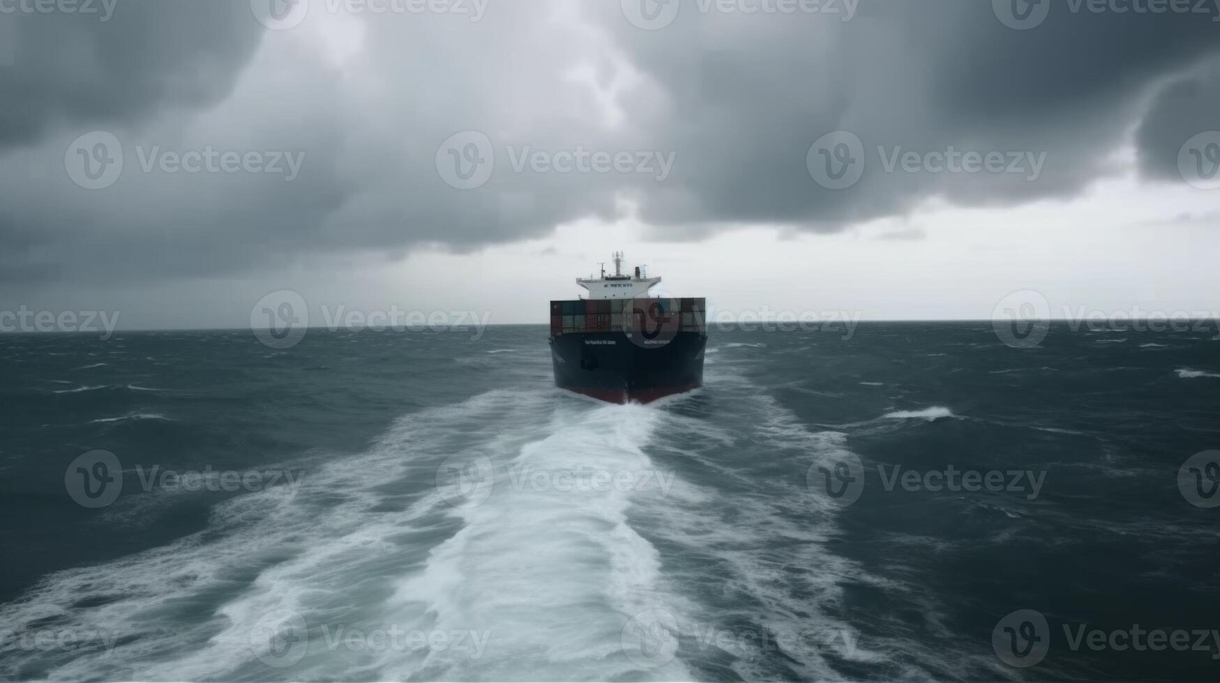 Large container ship navigating rough ocean waters under overcast sky with dramatic clouds and turbulent sea conditions photo