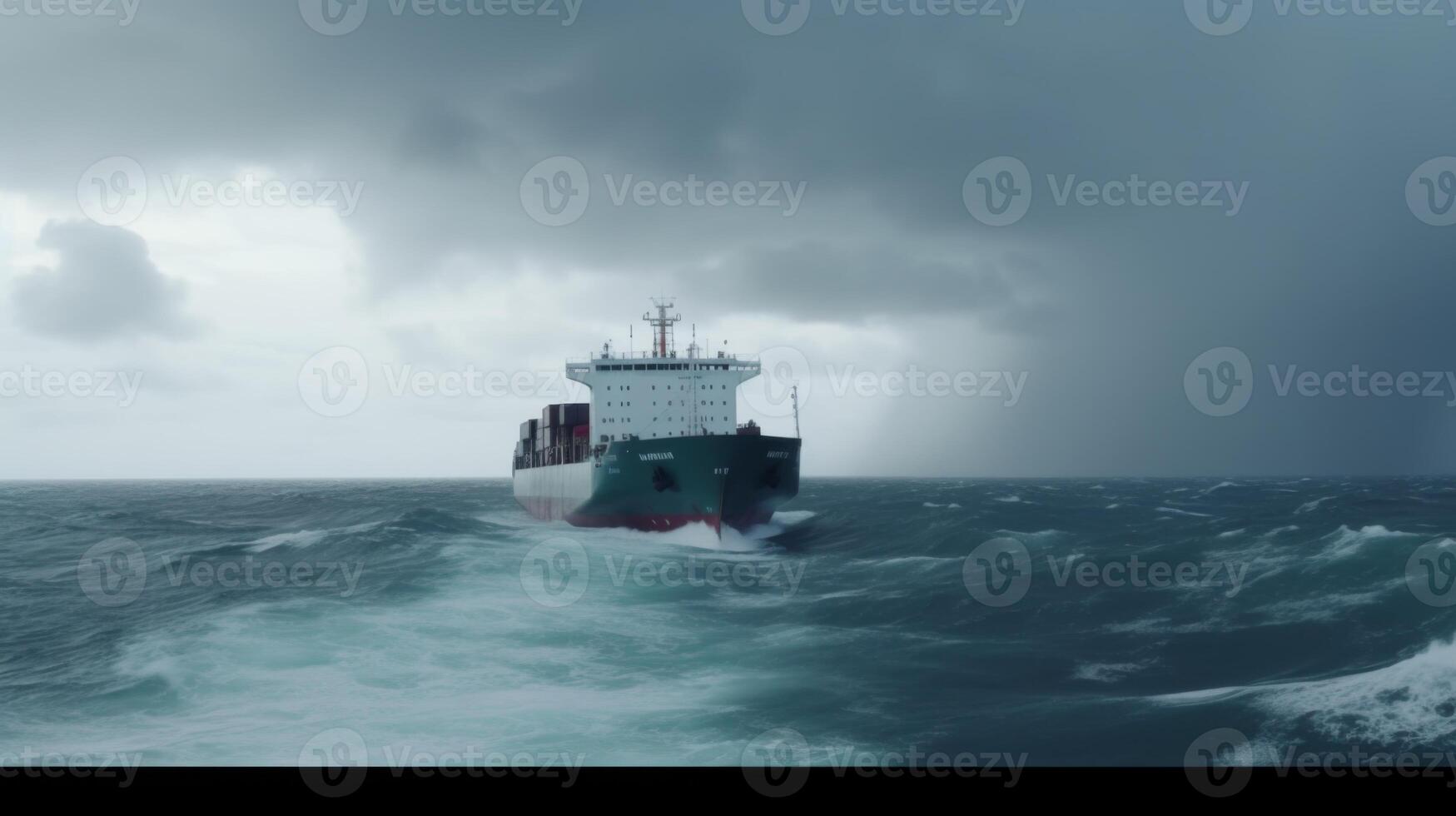 Container Ship Navigating Rough Seas under Dark Stormy Clouds with Rolling Waves in Dramatic Ocean Environment photo