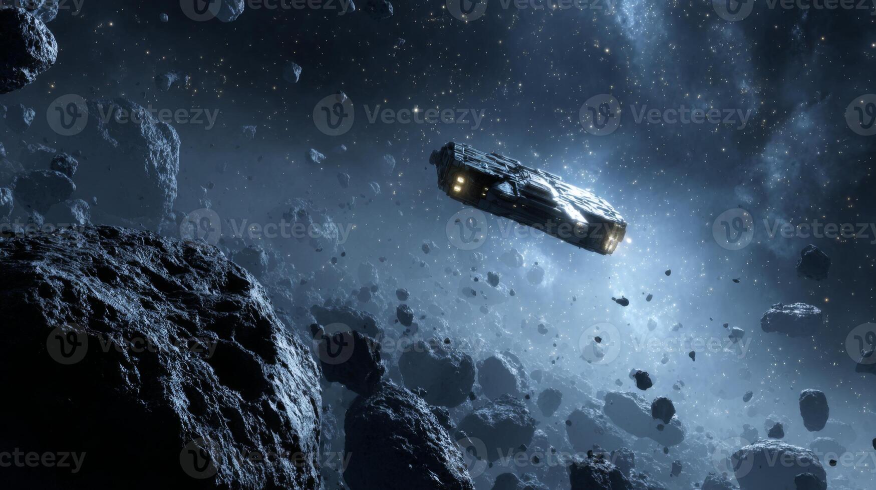 Spaceship Navigating Through Asteroid Field in Dark Cosmic Expanse with Stars and Planets in the Background photo