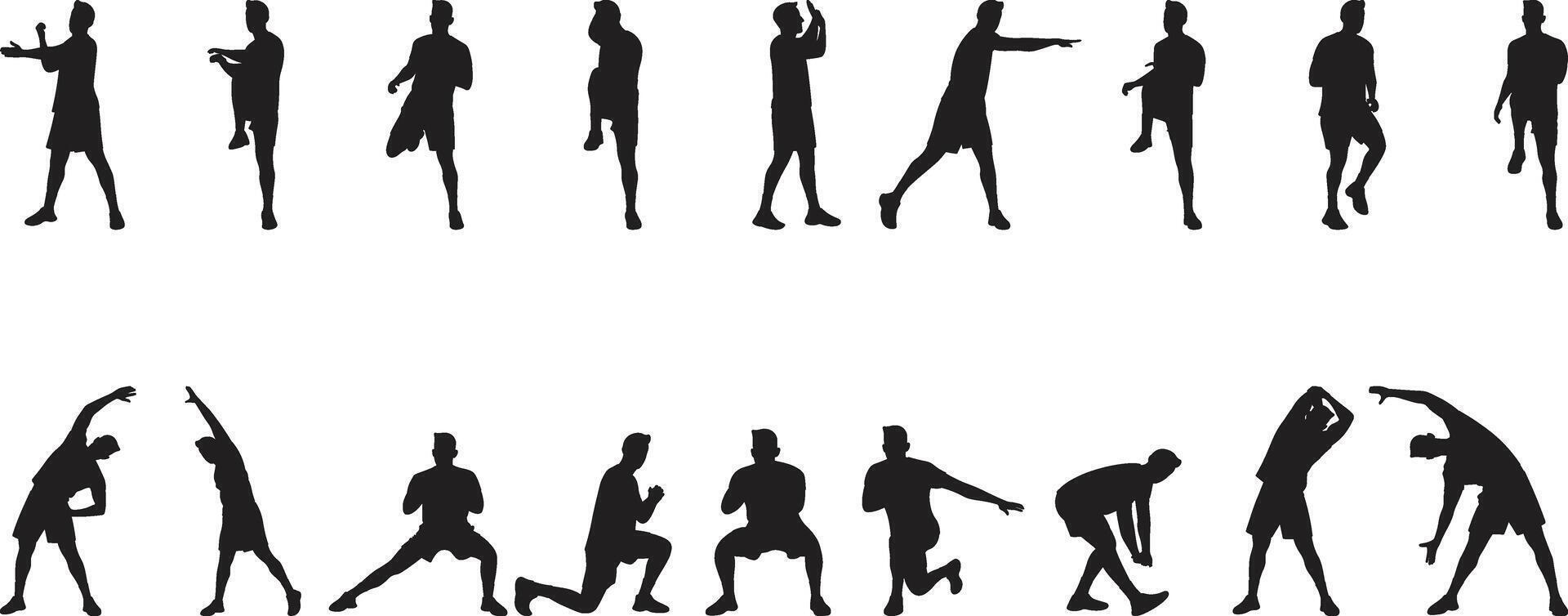 Cardio Workout Poses in Silhouette Style, Collection of a Man Doing Various Exercises. vector