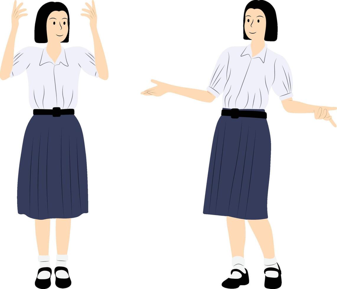Illustration of Thai Students Using Body Language While Giving a Presentation in High School Uniform. vector