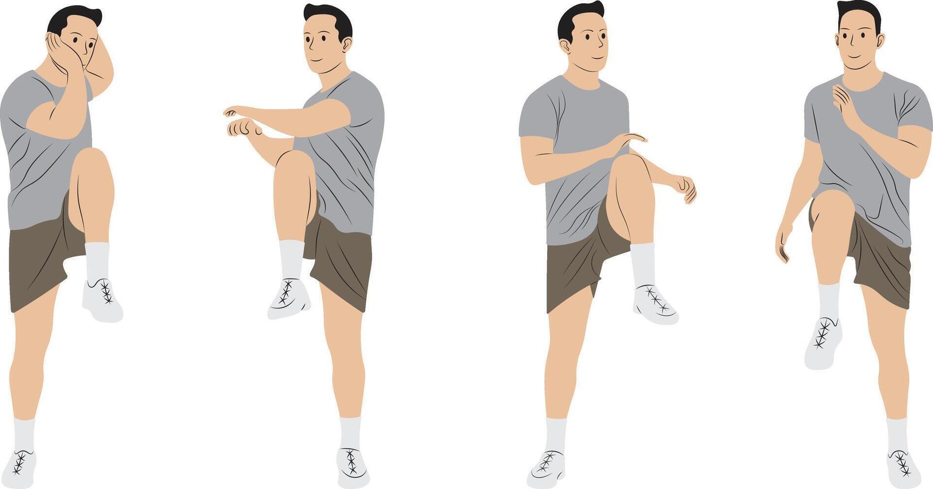 Man Doing Elbow-to-Knee Crunch, Standing Workout Pose Illustration. vector