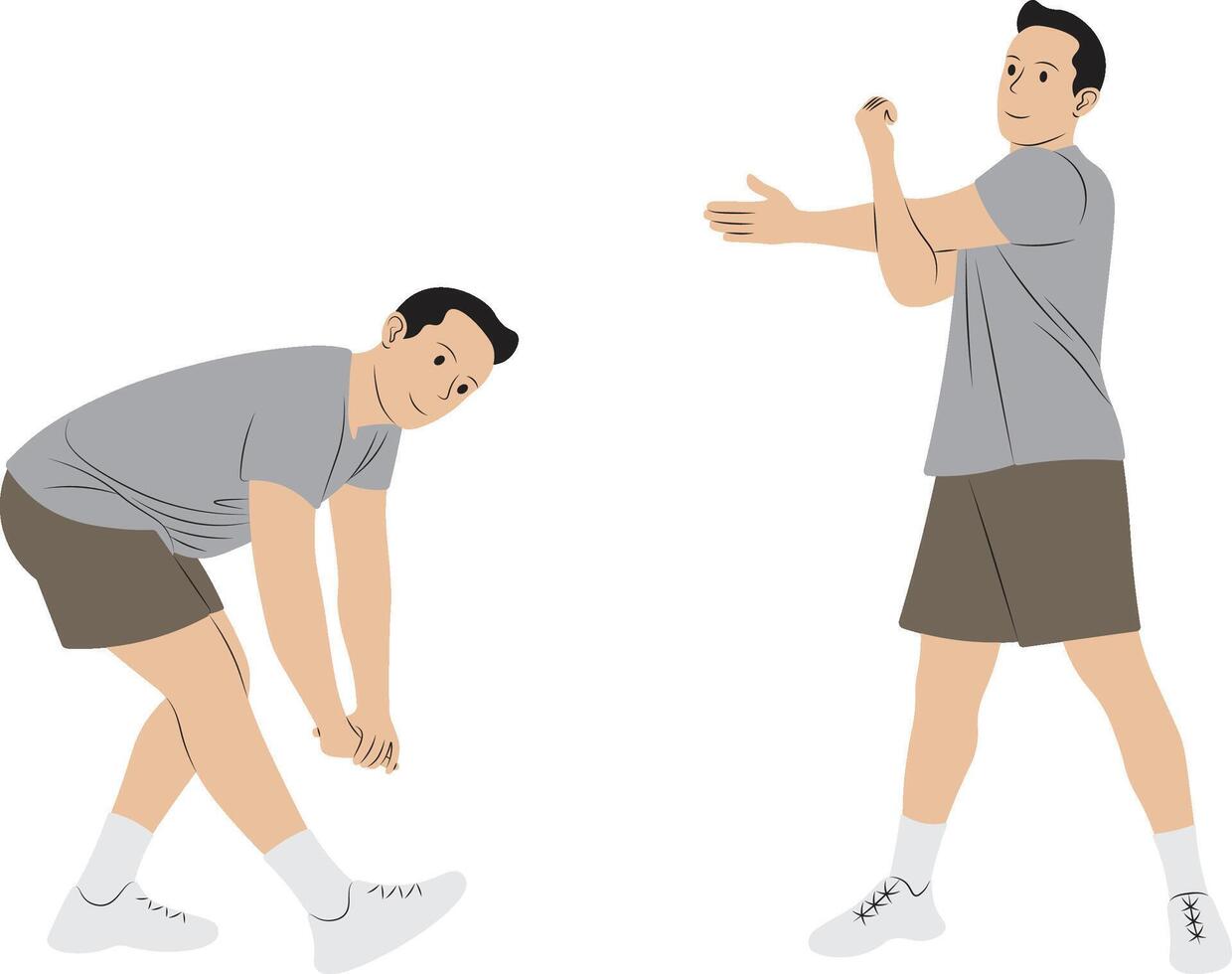 Cardio Workout Pose, Illustration of a Man Doing Toe Touch and Arm Stretch Exercises. vector