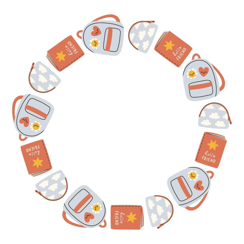 Back to school circle frame. Round school themed border made of different school objects. Soft pastel colors back to school hand drawn banner isolated on white background. vector