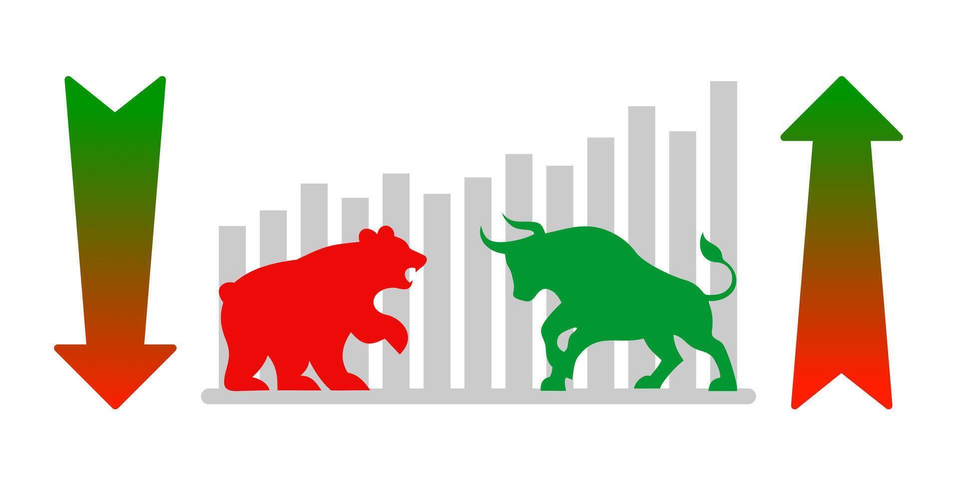Stock market bull vs bear, with arrow and bar graph, red and green. vector
