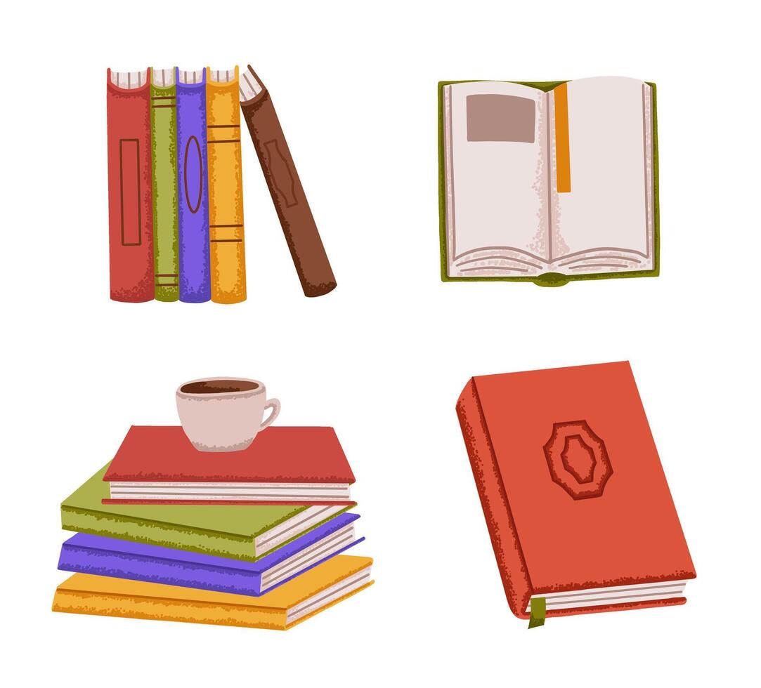 Open book page and cup of tea or coffee in flat style. Book stack in library or store vector