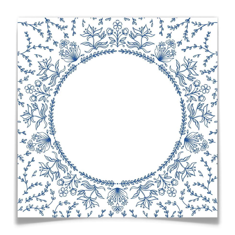 Botanical round floral border and blue toile de jouy style background. Circle frame with engraved wild flowers. illustration. vector