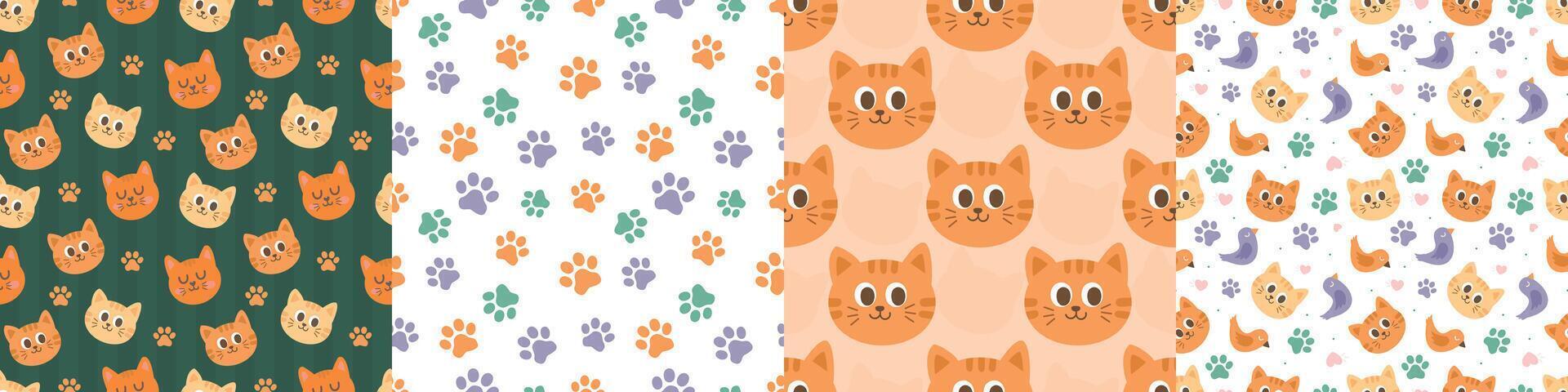 Cute cat and paw print patterns vector