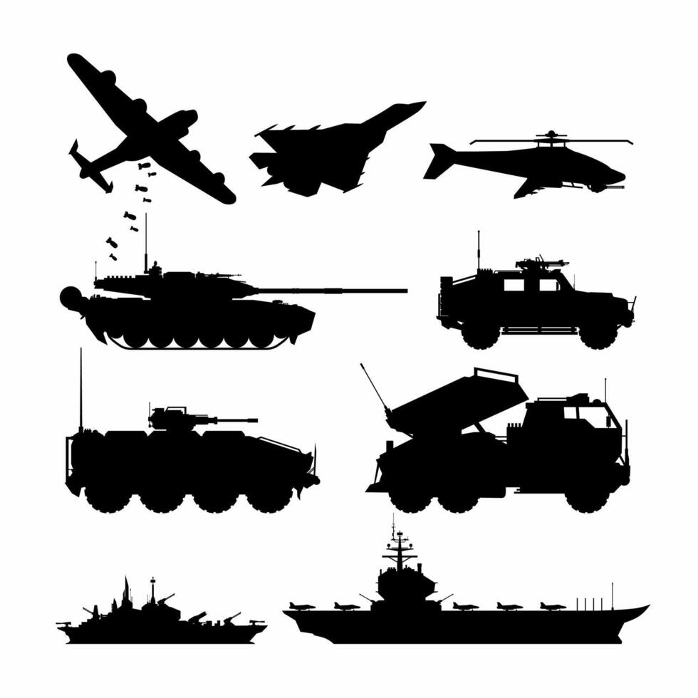 Flat armored vehicle icon set for military theme projects. Bomber plane, fighter jet and attack helicopter for airstrike. Tank, APC, missile truck, utility vehicle, warship, aircraft carrier vector