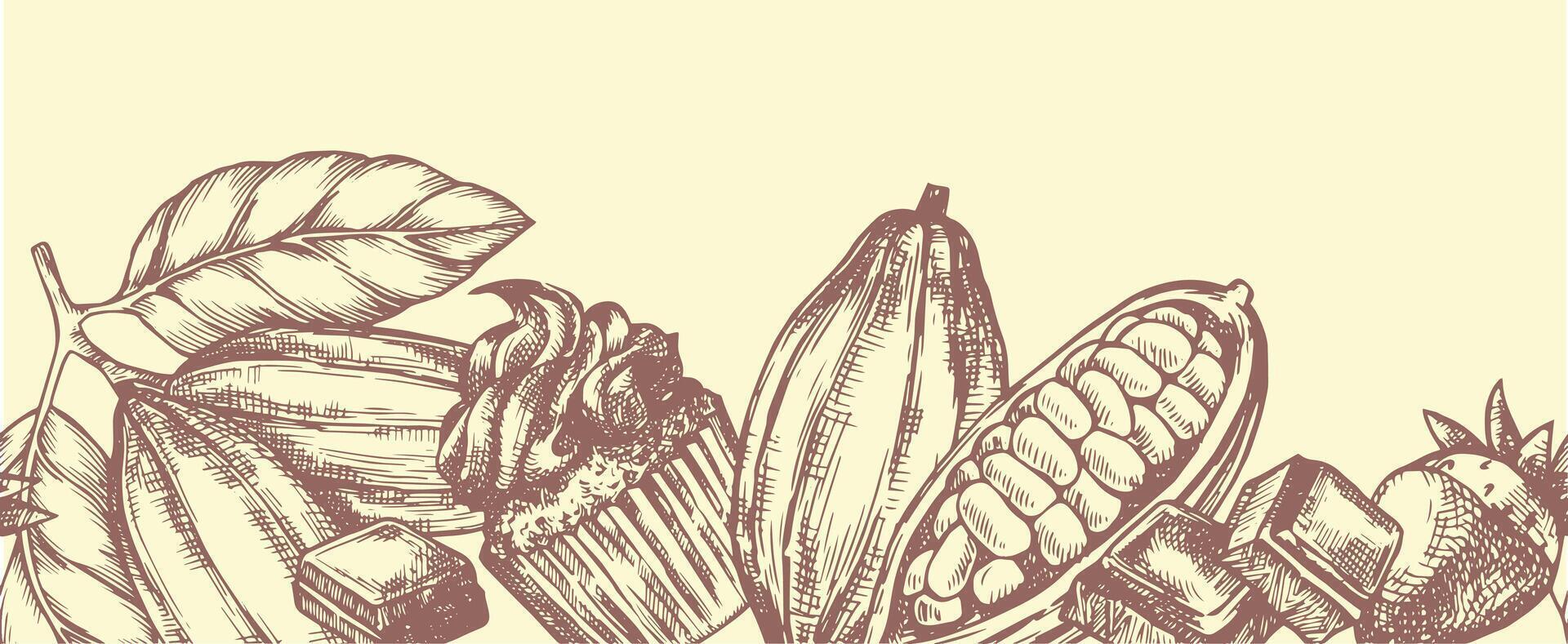 Seamless border with cocoa beans and chocolate. Vintage frame in sketch style vector