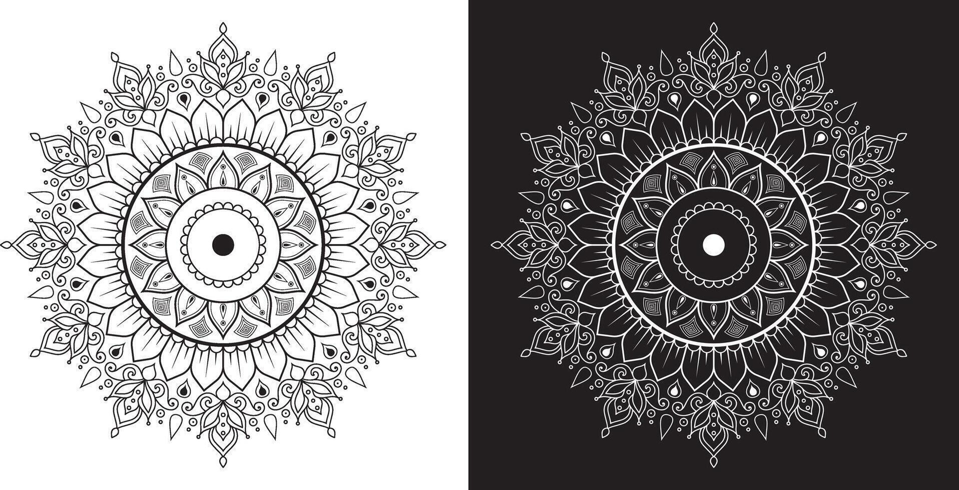Beautiful Hand-Drawn Mandala with Intricate Layers and Bold Contrast on Light and Dark Backgrounds vector