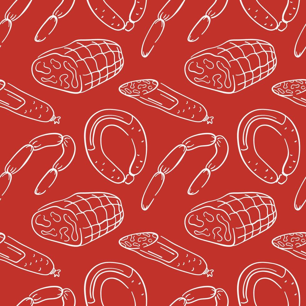 Seamless line art style pattern with sausage and ham. Perfect for butcher shop packaging, kitchen decor, menu or traditional meat cuisine design on red background. vector