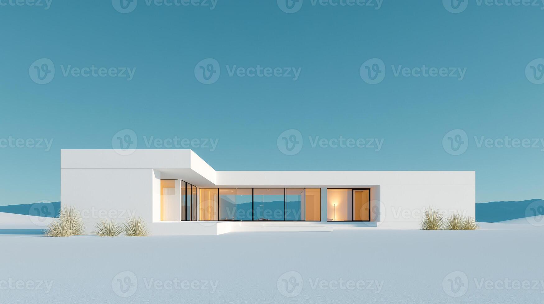 Modern minimalist house with large glass windows in desert landscape. Contemporary architecture design for off-grid living, sustainable home with clean lines and natural setting. photo
