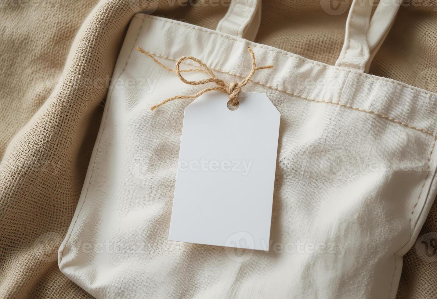 Natural Textured Fabric Tote Bag with a Blank Card Attached for Customization and Personalization photo