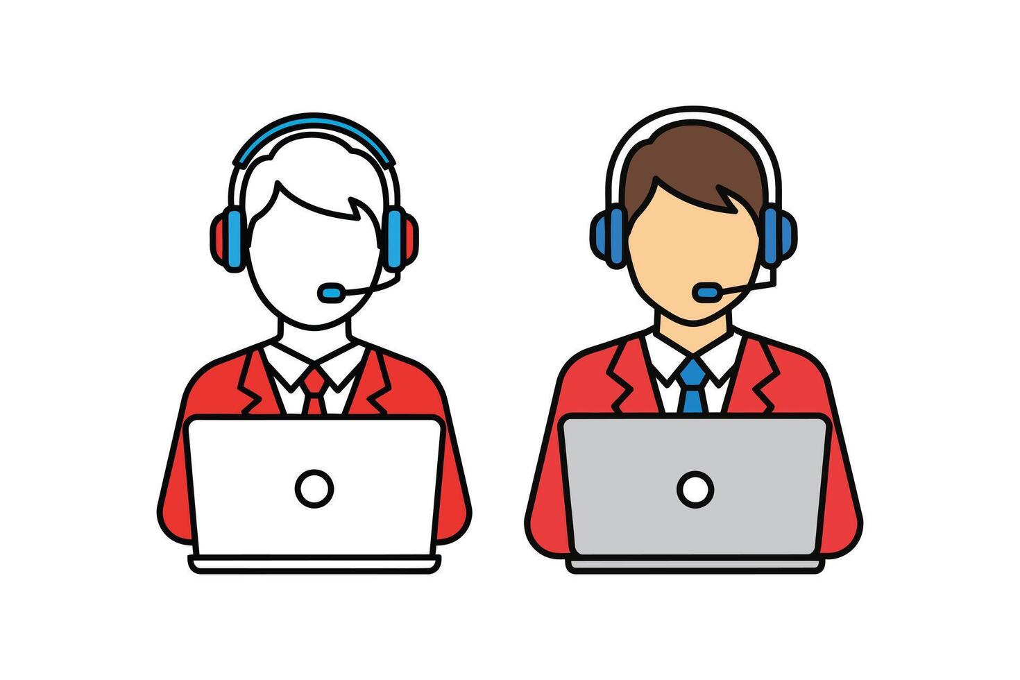 Two customer service representatives with headsets and laptops isolated on white background vector