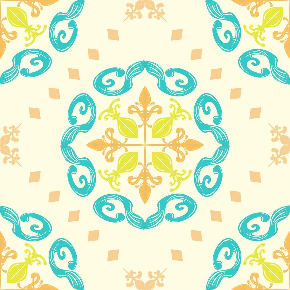 Colorful tropical medallion seamless pattern in orange, teal, cream. Elegance Medieval scroll perfect fusion of Asian and Mediterranean design baroque elements, ideal for tiles, textiles, packaging vector