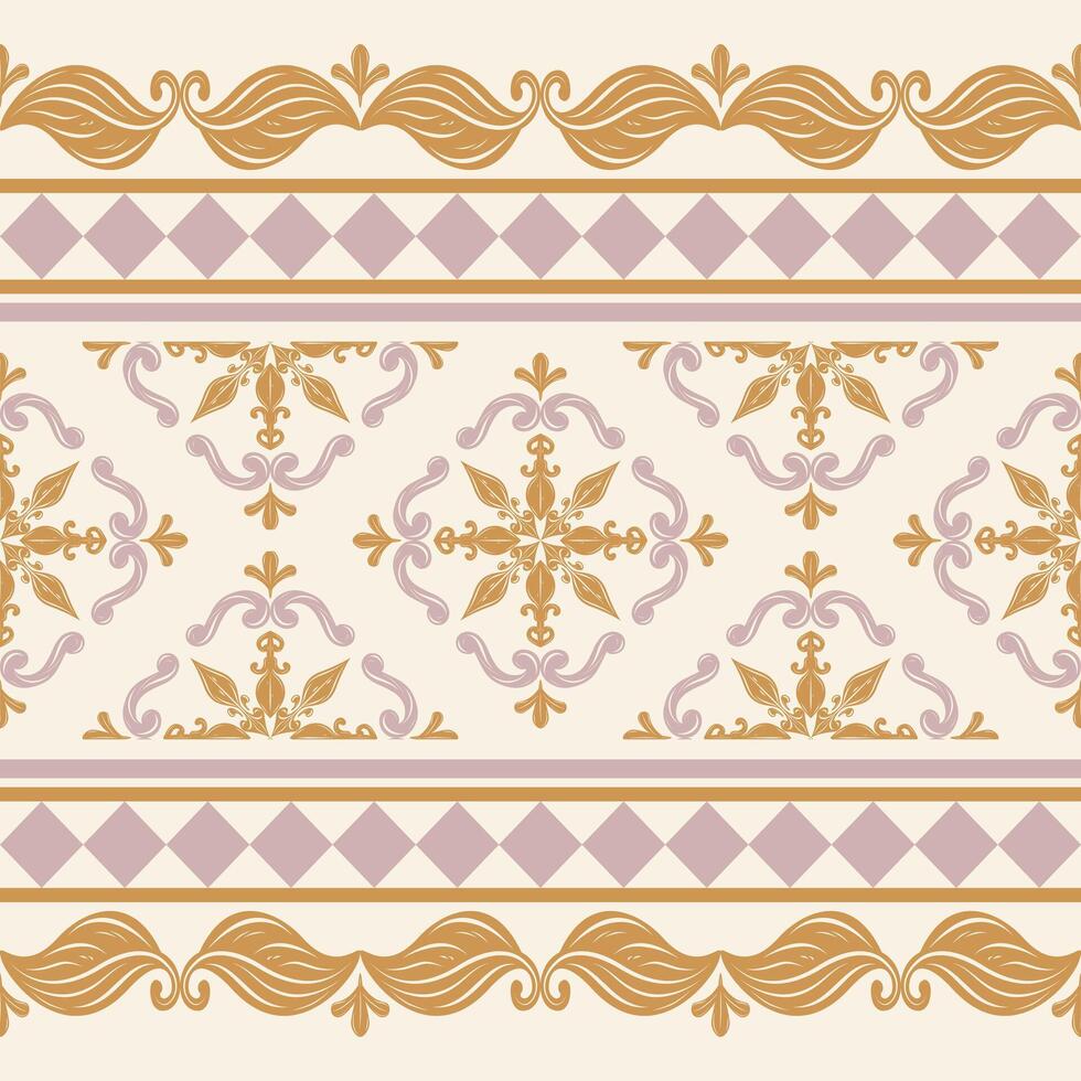 Classic Gold Scroll Ornament Baroque Ancient Waves And Florals Nature Inspired Seamless Border Pattern Old Rose Ornament on Light Beige Background suit for wedding. Rococo Geometric Art Luxury Garden vector
