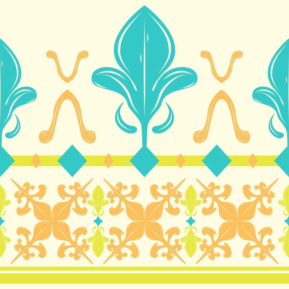 Stylized fleur-de-lis motif elegant border composition. Balanced with Mediterranean Medieval oriental color palette perfect for decorative packaging, textile trims, embroidery, luxury ethnic styles vector
