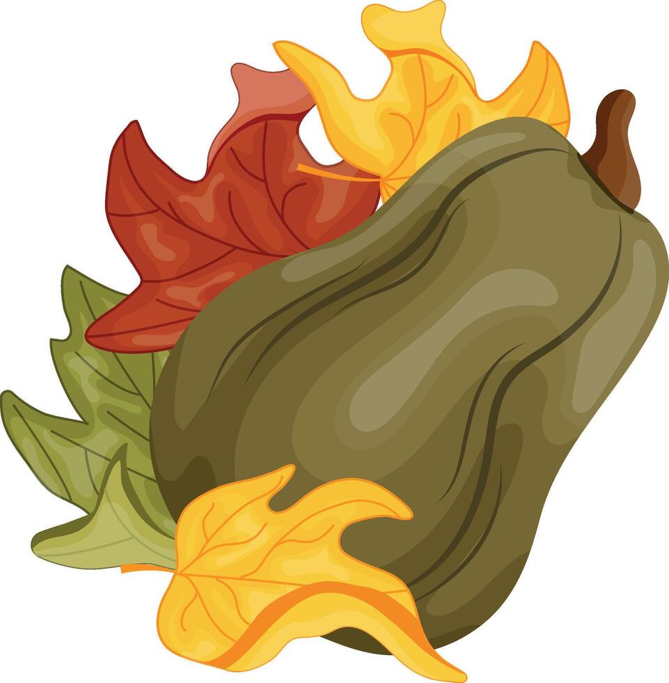 simple flat style icon with a long green pumpkin and colorful autumn leaves near it, for autumn designs, cards or packaging vector