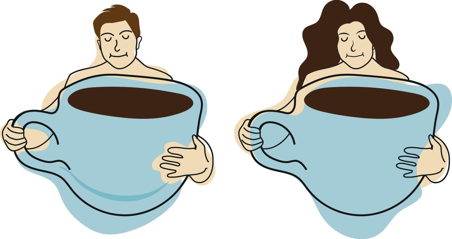 set of icons of people with large cups of coffee in line art style on a background of colored spots vector