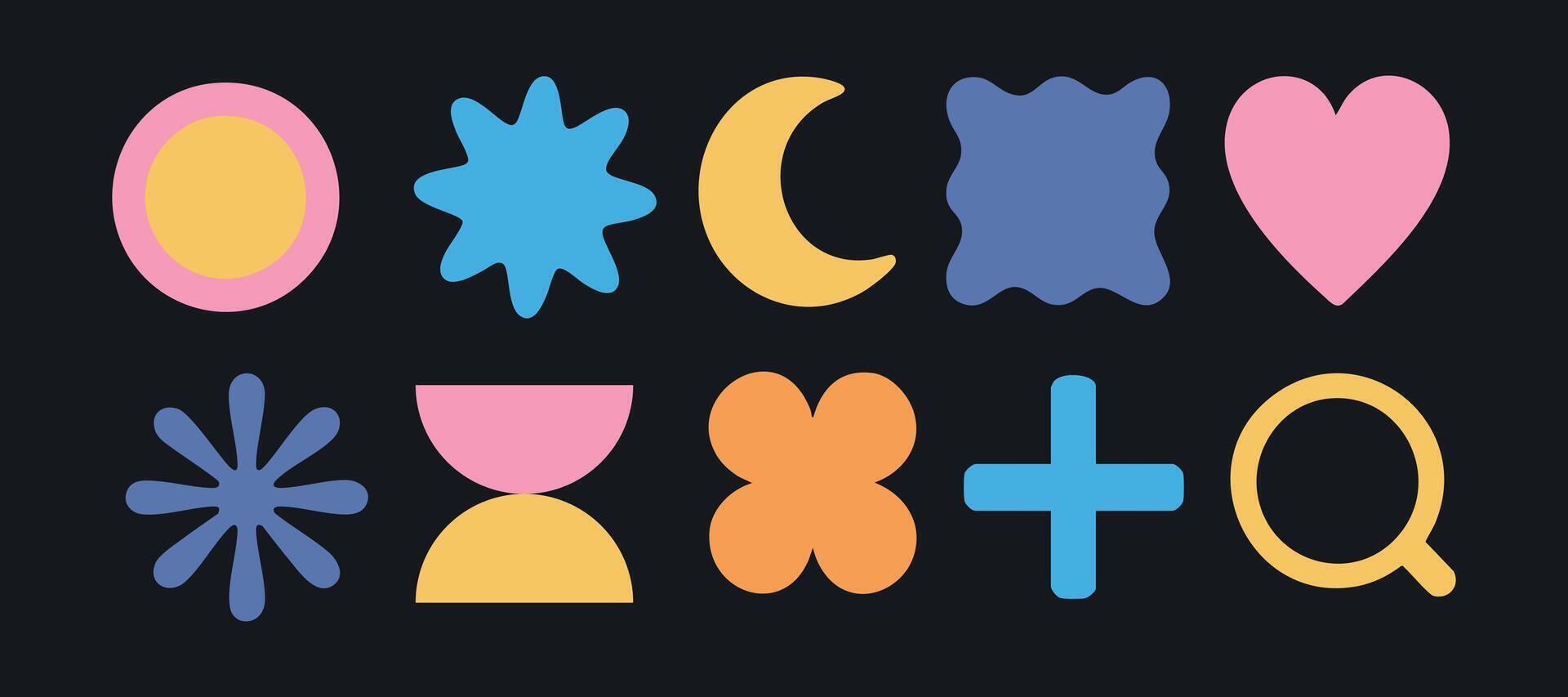 Shape y2k Bauhaus abstract circle cross plus moon heart sun crescent design for playful visuals. Works for soft colorful elements and clean interfaces. Perfect for apps or websites vector