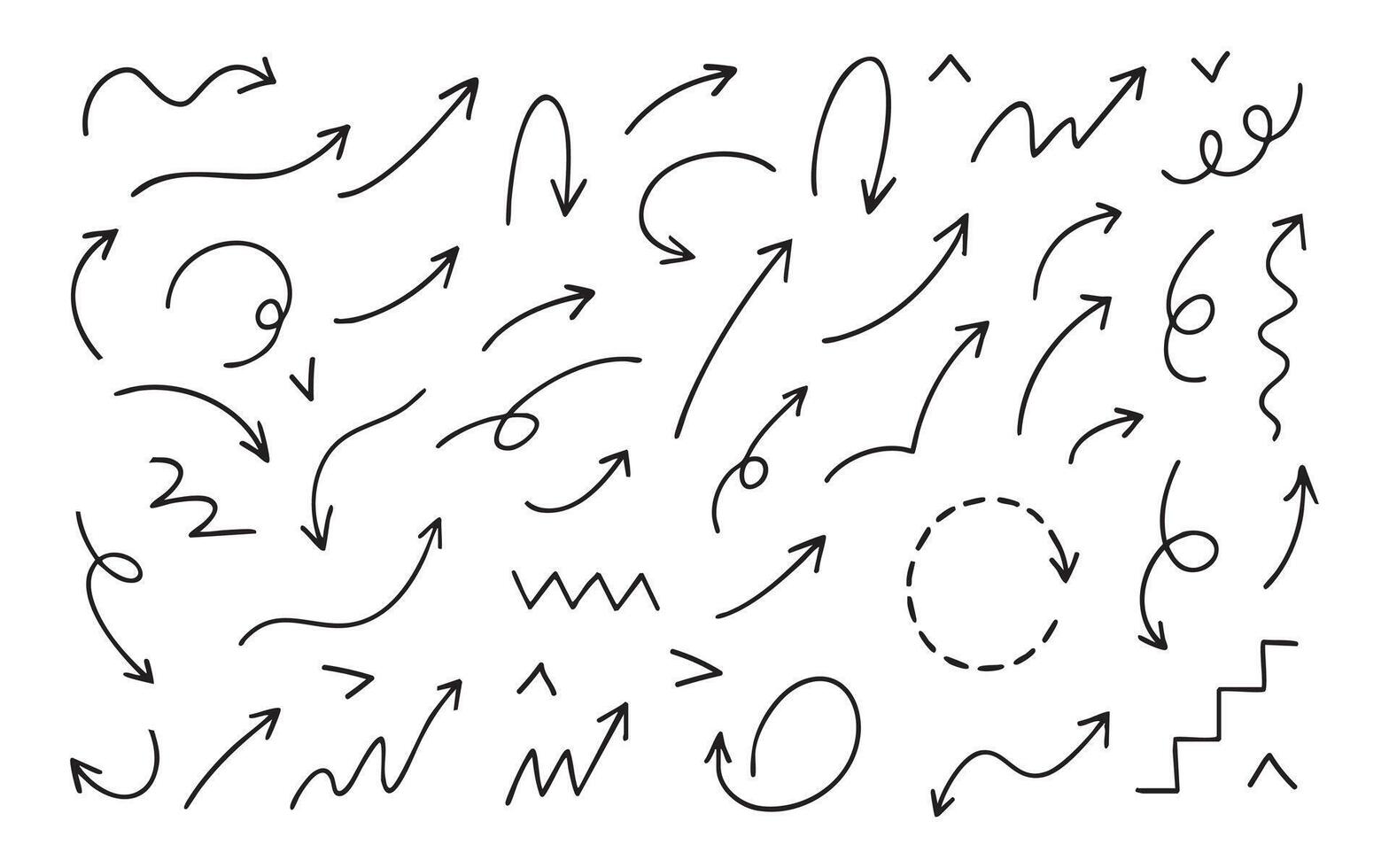 Arrow sketch hand drawn pointer direction swirl up down loop curve twist combine for dynamic flow. Use for navigation, layout by gesture or concept illustration. Great for presentations or diagrams vector