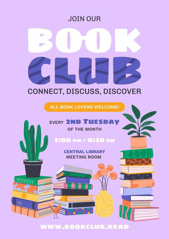 Book club meeting poster with plants and books vector