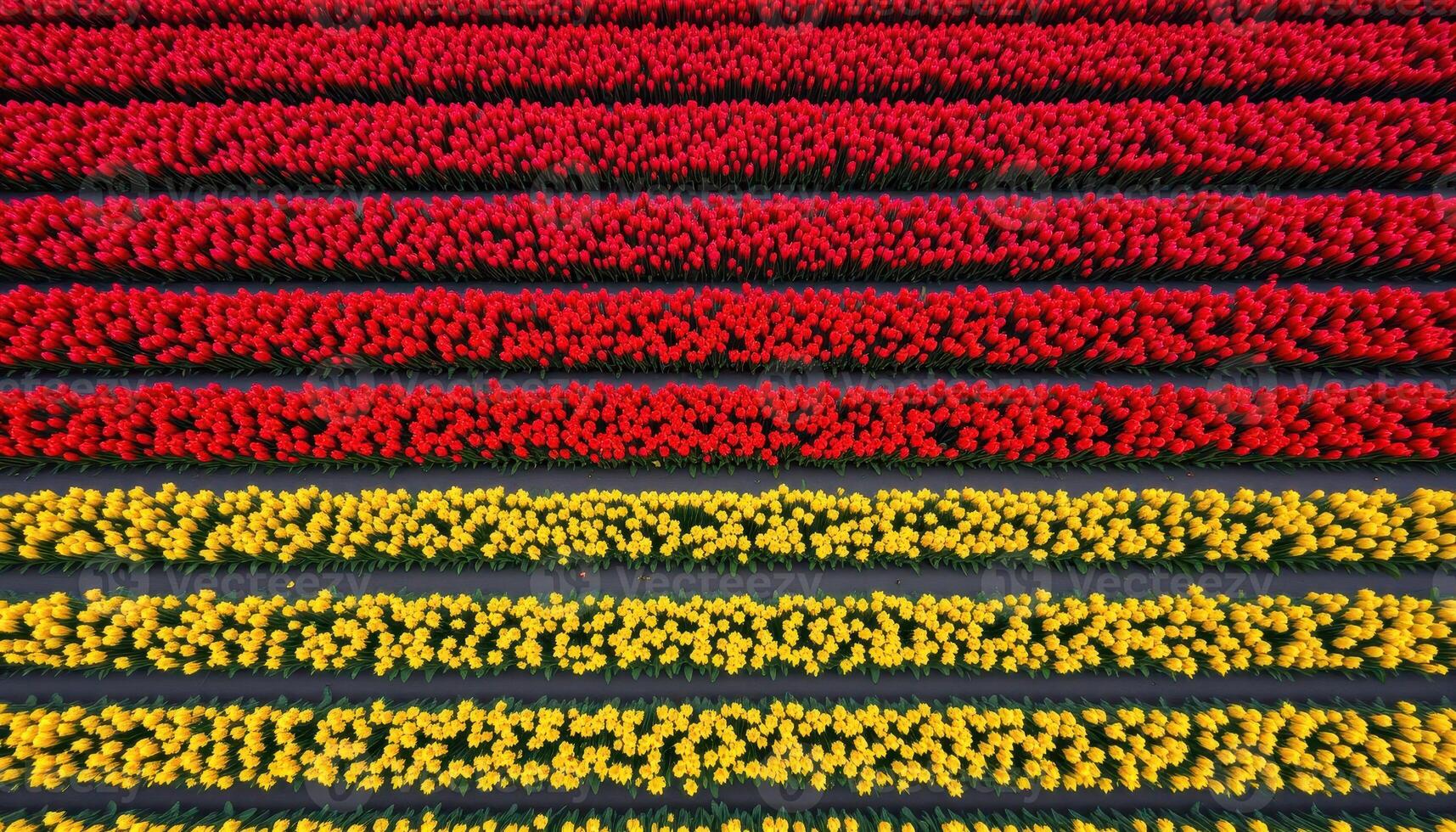 Rows of vibrant red and yellow tulips fill the frame in a perfectly patterned field photo