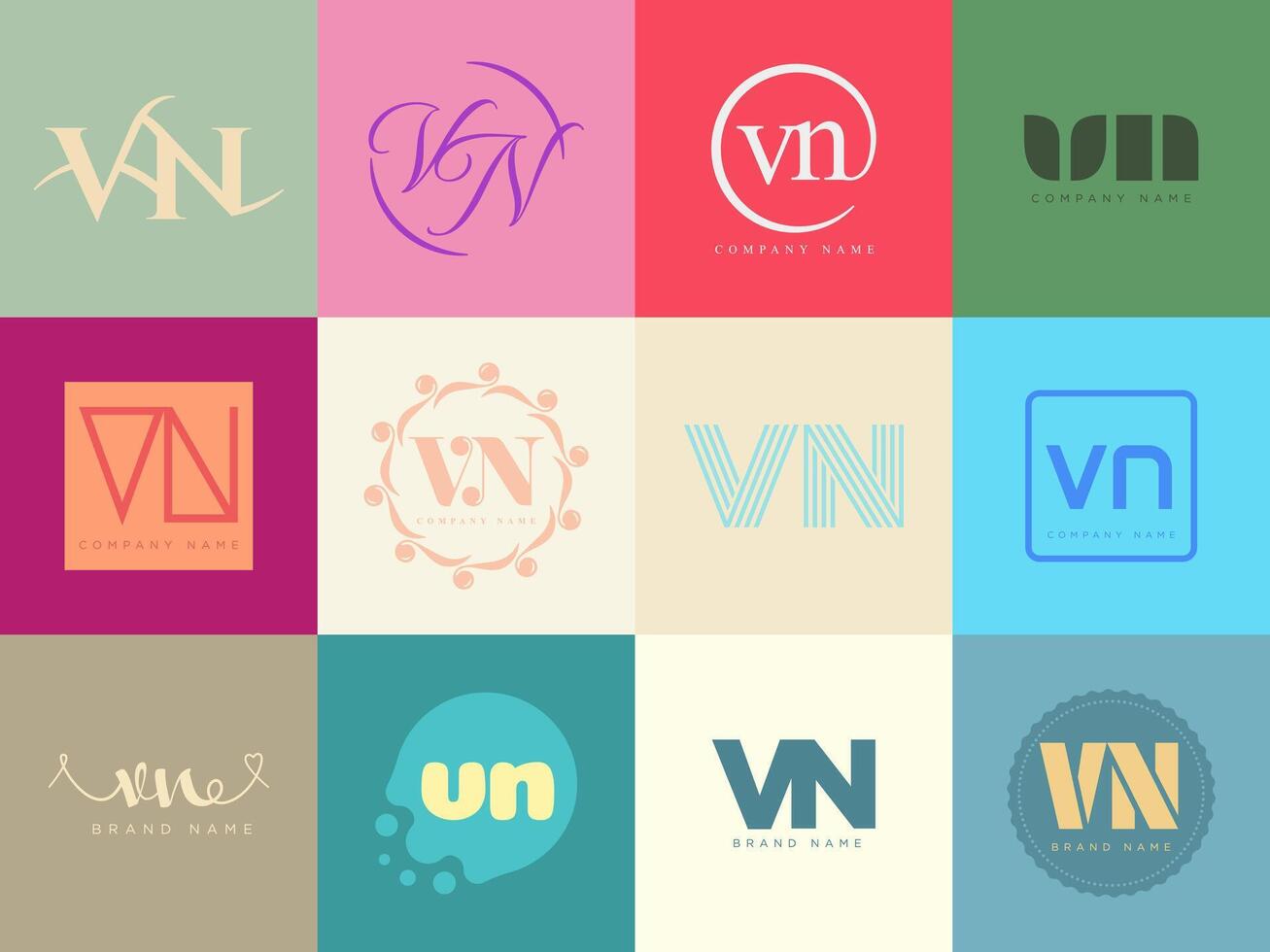 VN logo template. Letter v and n logotype. Set different classic serif lettering and modern bold text with design elements. Initial font typography. vector