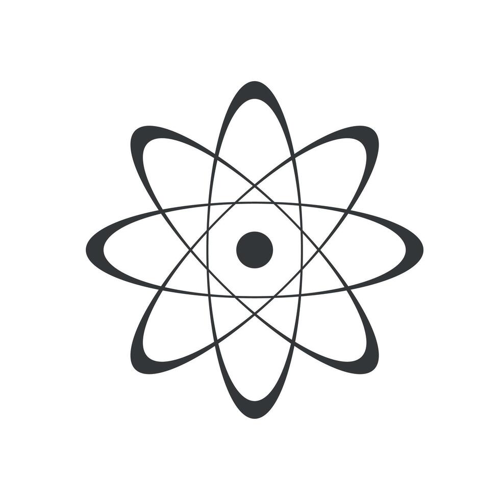 Atom icon with orbiting electrons in black and white representing science, physics, or atomic structure vector