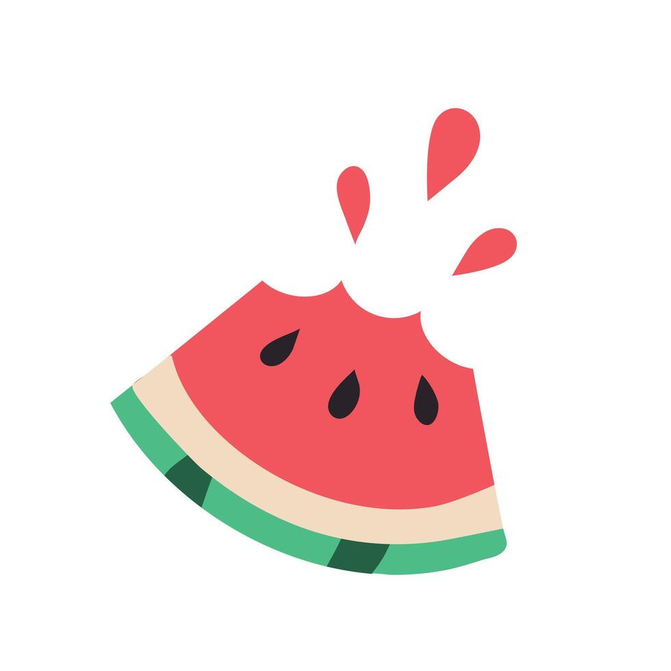 Bitten Triangle Piece of Watermelon with drops of juice. Trace of Bites. Slice of fresh summer Fruit. Pulp, striped rind. Healthy eating, vitamins. Isolated. Flat simple design. illustration vector