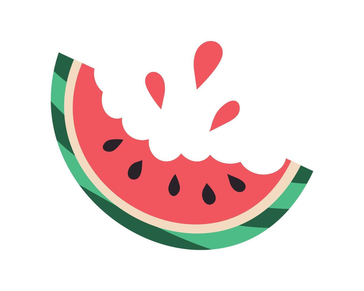 Bitten Piece of Watermelon with Drops of juice. Half of fresh summer Fruit with seeds and striped rind. Trace of bites. Healthy Eating, vitamins. Isolated. Flat simple design. illustration vector