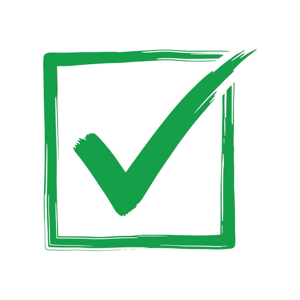 Hand-drawn green right correct checkmark created with a painted brushstroke effect vector