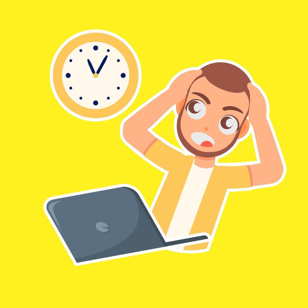 Deadline Dilemma A stressed individual frantically grasps his head in exasperation, a stark visual representation of the pressing deadline, amplified by the looming clock. vector