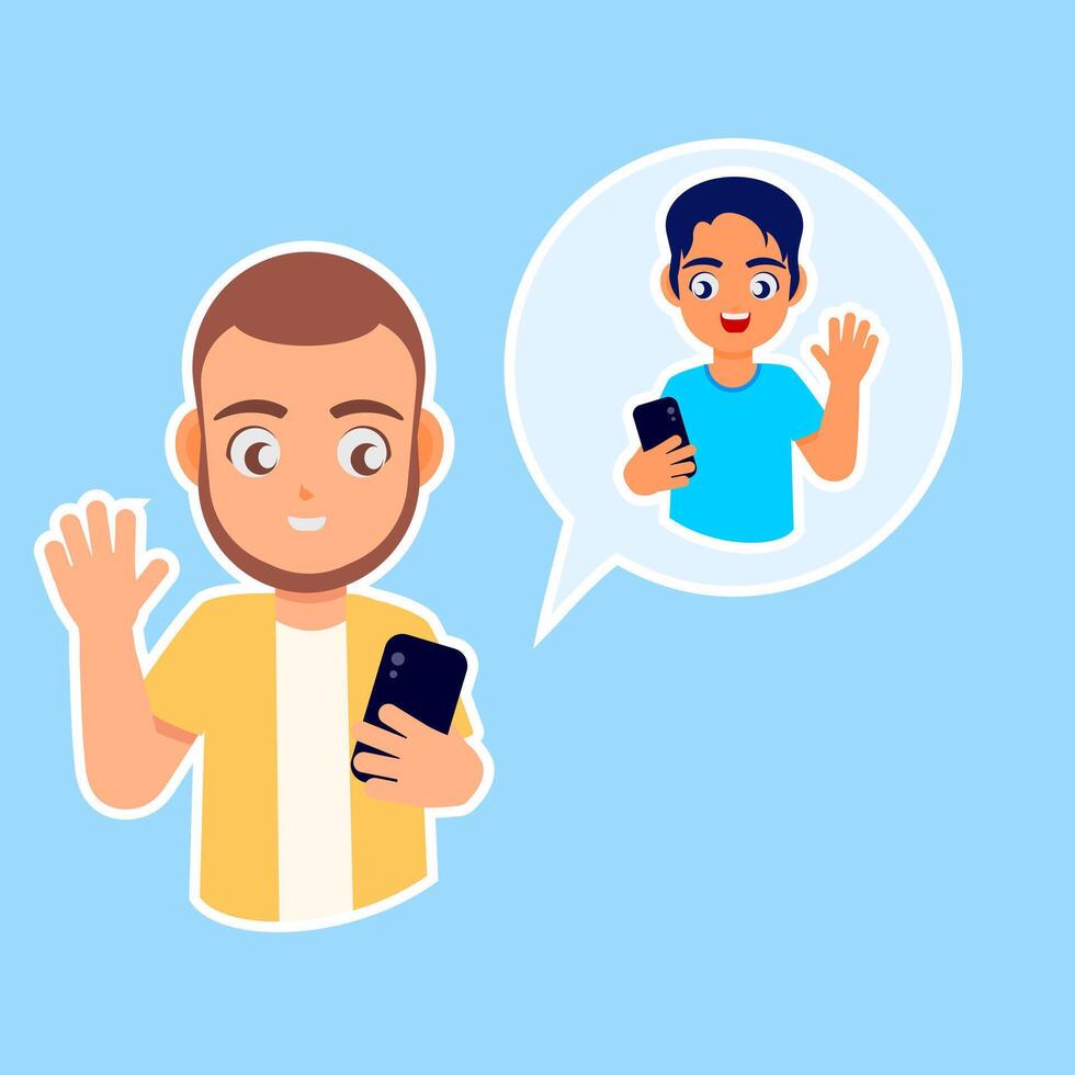 Friendly Phone Call A charming illustration showing a man engaged in a call, his image and the image of his friend both rendered in a clean, friendly graphic style.This captures the main ideas vector
