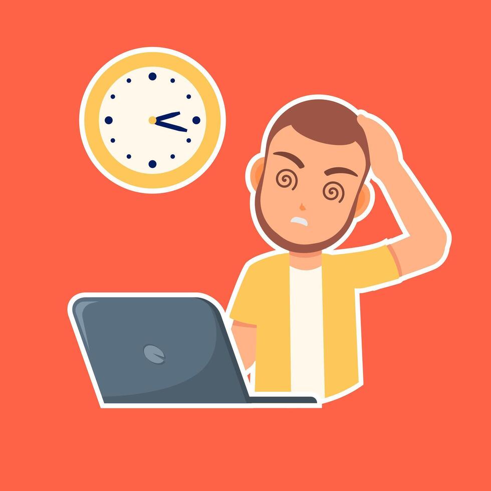 Time Pressure Illustration A person's eyes swirl, embodying the relentless ticking of a clock alongside, accentuating the overwhelming sensation of being pressed for time. vector