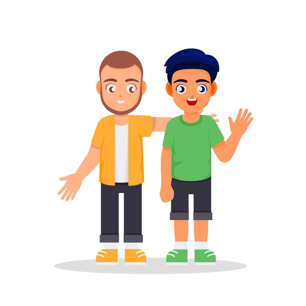 Father and Son in Unity Capturing a tender moment as a father embraces his son, fostering a heartwarming bond through a gesture of camaraderie and mutual affection. vector