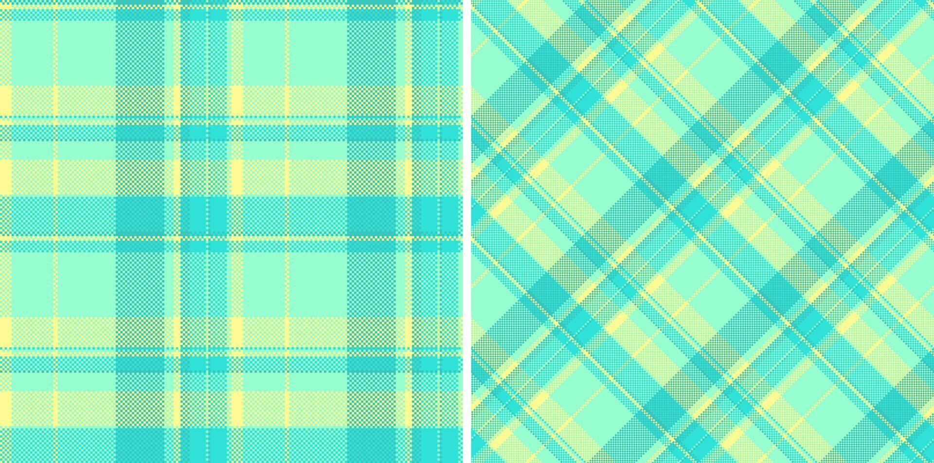 Two seamless plaid patterns in fresh mint and yellow hues, one classic grid, one diagonal. Textile design, versatile background, or creative graphic element. vector