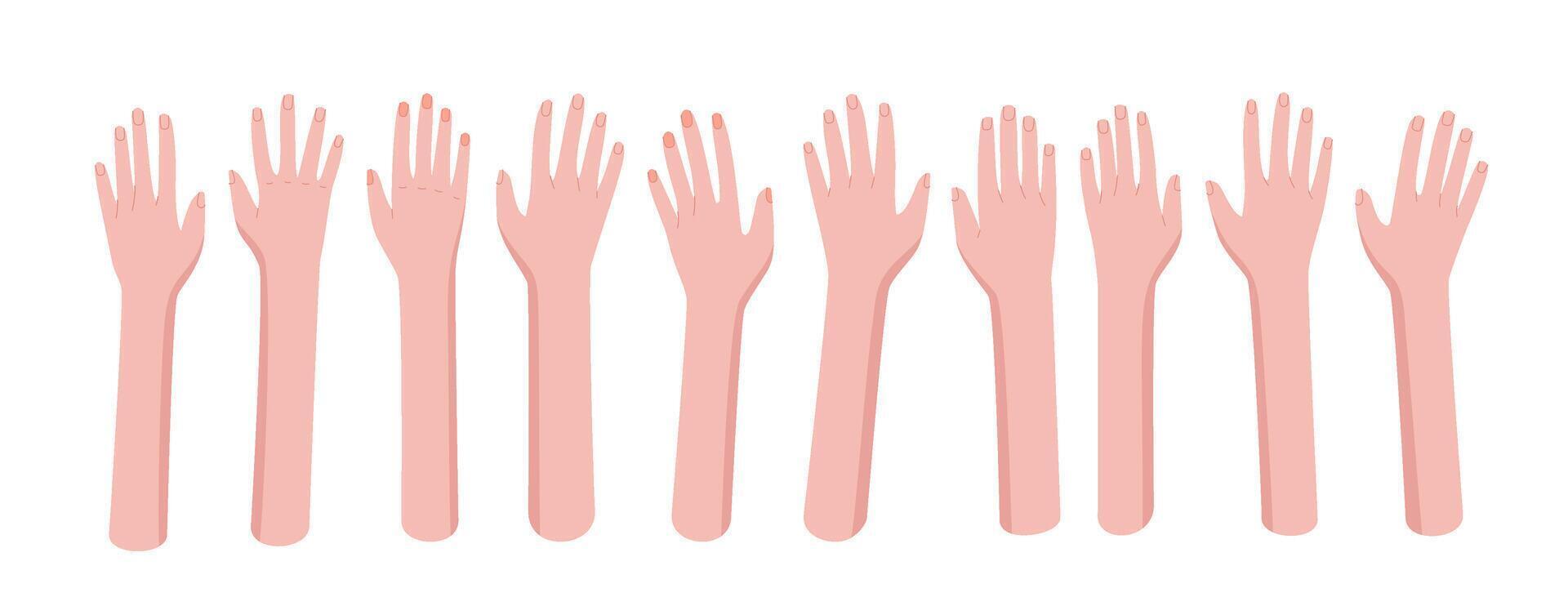 Flat colorful open bare hand set with raised hands and diverse gestures. Represents teamwork, support, and charity within a community concept. Perfect for promoting unity, aid, group collaboration vector
