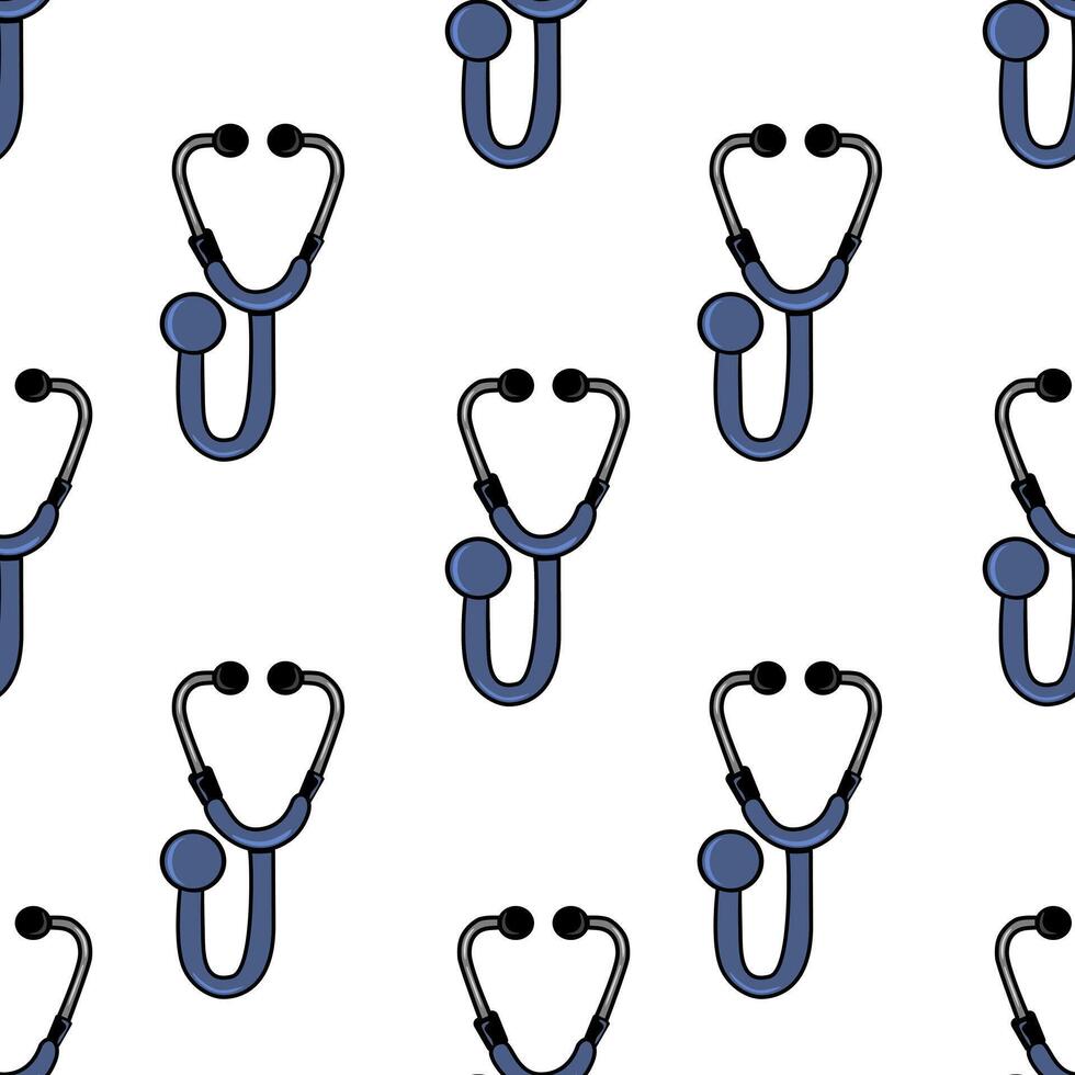 A seamless pattern featuring blue stethoscopes on a white background. The stethoscopes are arranged in a repeating design, suitable for medical-themed projects. vector