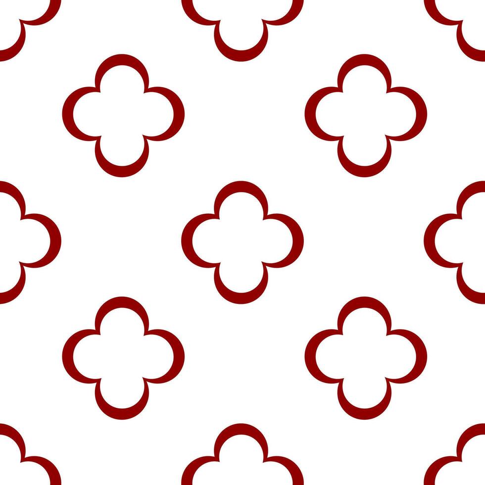 A seamless pattern featuring red cross shapes on a white background. The design consists of symmetrical, stylized cross with rounded edges, creating a harmonious and elegant look. vector