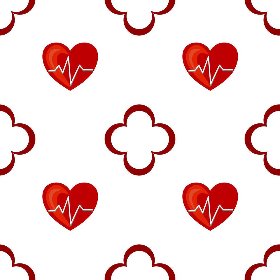 A seamless pattern featuring red hearts with a heartbeat line on a white background, interspersed with decorative red cross shapes. vector
